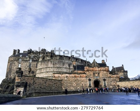 EDINBURGH, UNITED KINGDOM - APRIL 15, 2015: panorama image of Edinburgh castle, Scotland, UK. The castle is in the care of Historic Scotland and is Scotland\'s most-visited paid tourist attraction.