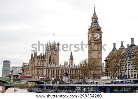 LONDON, UNITED KINGDOM - APRIL 18, 2015: tourists at Westminster and the most famous London landmark Big Ben. London is the world\'s most-visited city as measured by international arrivals.