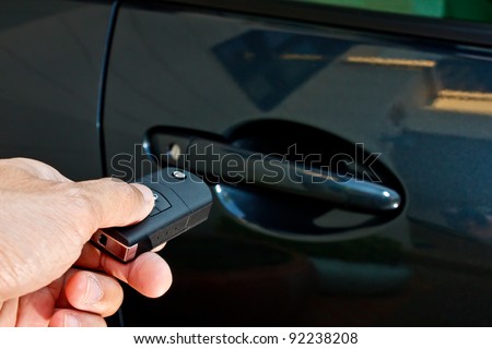 a hand holding a car\'s remote control pointing to the door
