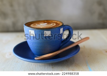 Latte art, Blue coffee cup on gray background