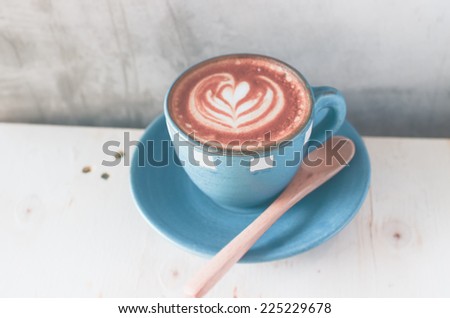 Latte art, Blue coffee cup on gray background