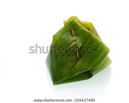 sticky rice with steamed custard, sweet sticky rice covered by banana leaf, Thai dessert, Thai sweet, Thai food