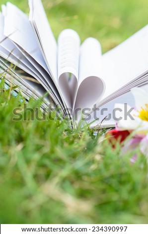 Book heart shape on grass, dept of field.
