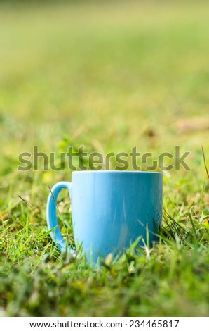 Green space with blue coffee mug outdoor.