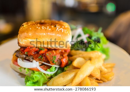 gourmet Meat burger in the restaurant, ready to serve