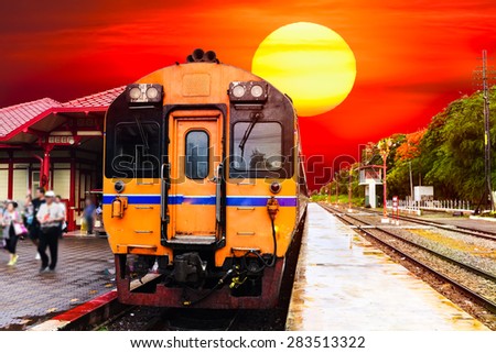 Train arrived at Hua Hin railway station with sun set