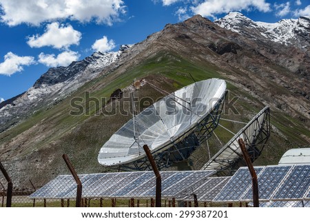 Big satellite dishes antena and solar panels at Rangdum, Padum, Zanskar valley, India.