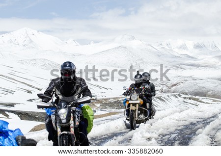 Ladakh,India - July 20,2015 : Bikers group at Khardungla Pass World highest motorable Road.