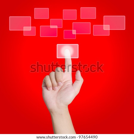 Hand pointing, touching or pressing on red background