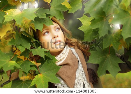 Autumn woman with leaves, art fashion background
