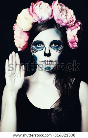 Girl with Halloween Makeup. Sugar Skull Beautiful Woman