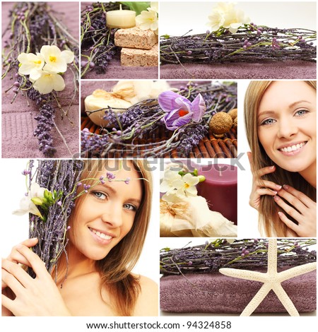 Spa and wellness collage - beautiful woman face, cosmetic and flowers