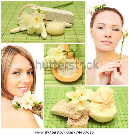 Beautiful smiling woman, bath soap, cosmetic and flowers - spa collage