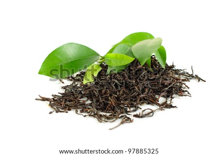 Black tea with green leaf isolated on white Black tea with green leaf isolated on white