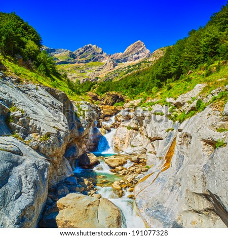 Pyrenees mountains and river summer view.
