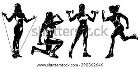 Young woman sports training four silhouettes on white background.