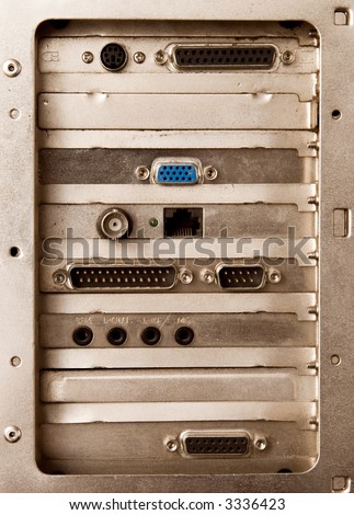 Back side of computer. Old metal.