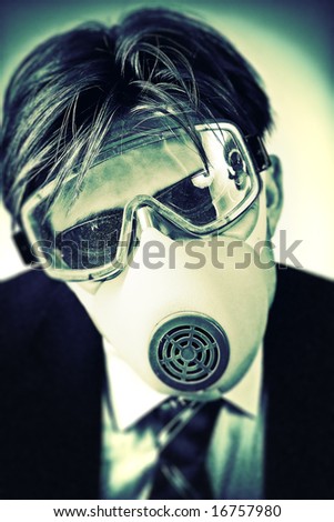 Crazy man in protective mask and neck tie. High contrast colors.