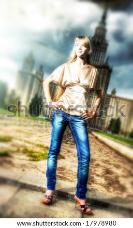 Girl in a city. HDR image with lots of special effects.