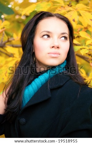 Young brunette woman autumn portrait. On yellow leaves background.
