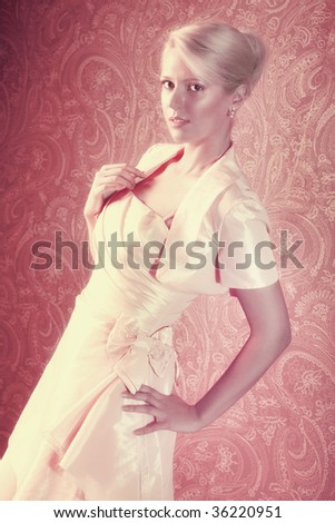 Young woman in dress. Red and yellow tint.