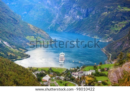 Norway Geiranger fjord. View from mountain.