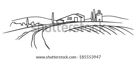 Typical Tuscany landscape vector sketch field and farm Typical Tuscany landscape vector sketch field and farm