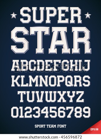 Classic style Sport Team slab serif font, metallic beveled alphabet and numbers. Upper case. Vector illustration.