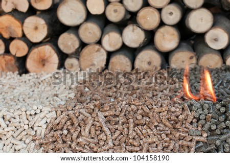 Different kind of pellets- oak, pine,sunflower, in flames. Selective focus on the heap.