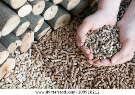 Different kind of pellets- oak, pine,sunflower- selective focus on  the hands