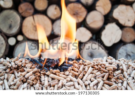 Pine pellets in flames- behind flames ara fire wood