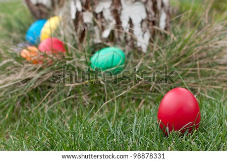Easter eggs in a nest- selective focus on the red egg