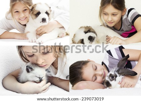 child hugging a puppy and kitten and rabbit