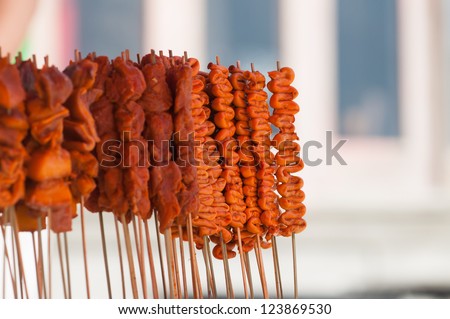 chicken intestines pig ears pig intestines and barbeque on stick, one of the most exotic food in the philippines