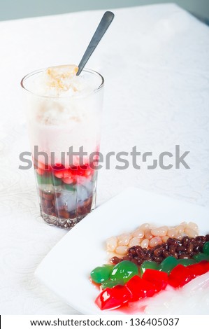 halo halo, an ice shaving dessert mix with chicken peas, white beans, red beans, kaong, macapuno with leche flan and milk