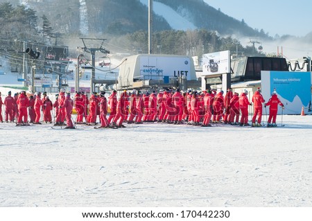 Pyeongchang, South Korea December 24, 2013: students from different schools going to learn how to ski