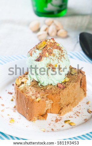chiffon cake topped with pistachio ice cream