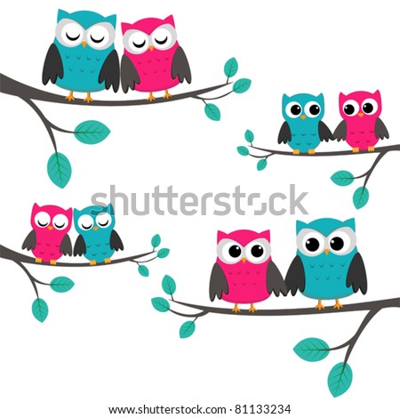 stock vector Four couples of owls sitting on branches
