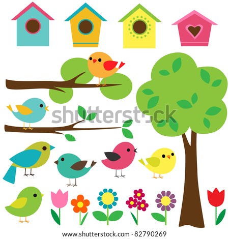 Set birds with birdhouses trees and flowers. Set birds with birdhouses trees and flowers.