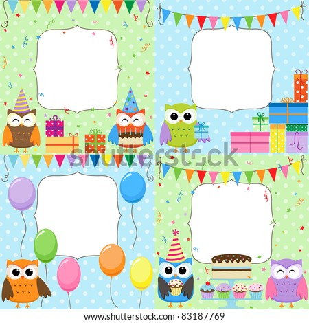 Set of vector birthday cards with cute owls. Set of vector birthday cards with cute owls.
