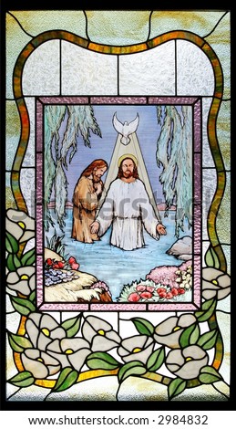 stained glass baptism of jesus on black background