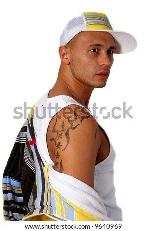 stock photo Urban Style Young man with clothes in hiphop style with a