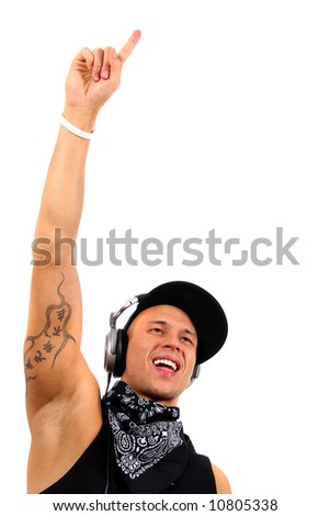  Raising The Roof A young DJ with headphones in black with tattoo raising