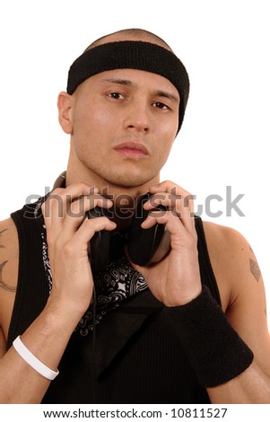 stock photo Young HipHop Dj A young DJ with headphones in black and