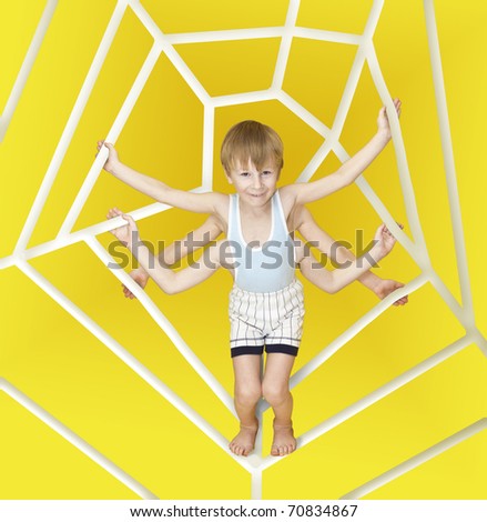 A little boy with 6 hands hanging on the web like a spider. Illustration of the Internet and children.