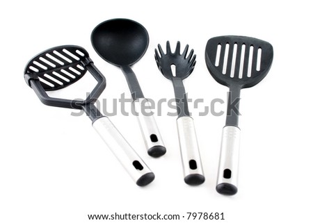 black plastic kitchen utensils with aluminium handles