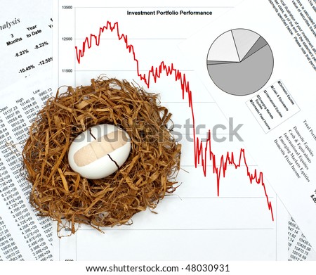 What Happened to Your Nest Egg?  Investment Performance Charts and Broken Egg with Bandage in Nest