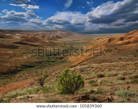 Beautiful mountains landscape of the slopes canyon in Ustyurt. North eastern part of the plateau in Kazakhstan