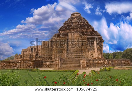 Sun Temple. General plan for the temple of the sun. Konark, India, the view from the side.