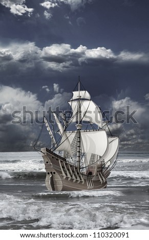 caravel with open sails floating on the waves of the sea against cloudy sky